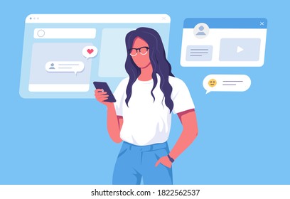 Joven linda mujer usando ilustraciones vectoriales de medios sociales móviles