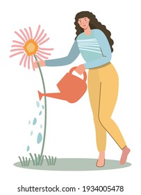 Young cute woman watering plant.Spring gardening concept.Girl  working in the garden.Care and cultivation of plants.Spring outdoor works flat vector illustration.Happy girl enjoying hobby.