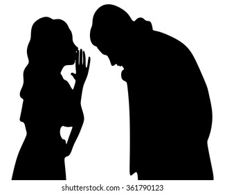 Young cute woman whispering secrets in her boyfriend's ear