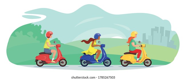 Young cute women in helmets ride a scooter and chasing each other. Motor power scooter race. Adults use vehicle. Side view. Vector flat design girl character illustration.