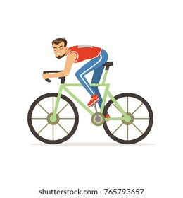 Young cyclist man take part in bicycle racing competition. Cycle sport. Cartoon bearded man character in sportswear. Isolated flat vector illustration