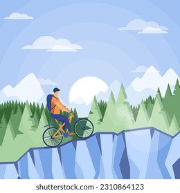 Jóvenes ciclistas montando una ilustración vectorial cuesta arriba. Deportista de viajes en bicicleta, observación de bosques y montañas en segundo plano. Ciclismo, naturaleza, turismo de aventura, concepto de viajes