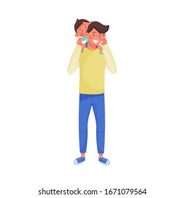Young Dad Carrying His Baby on His Shoulders and Smiling Vector Illustration