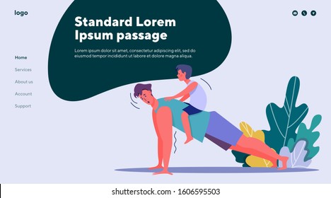 Young dad doing push-ups with child. Fitness, health, parenting, kid, exercise flat vector illustration. Family and active lifestyle concept for banner, website design or landing web page.