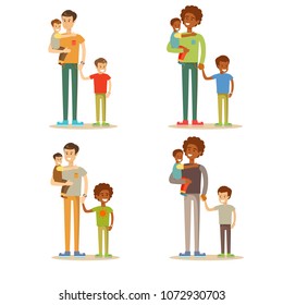 Young dad is enjoying time with his child. Handsome father with little Boy. Lifestyle family. Stock flat vector illustration.
