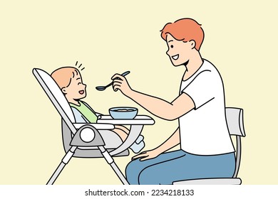 Young dad feeds baby sitting in highchair from spoon. Happy fatherhood. Man gives food to his little son. Love in family, care for toddler. Vector contour line colorful illustration.