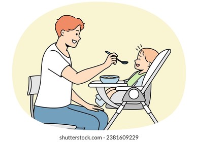 Young dad feeds baby sitting in highchair from spoon. Happy fatherhood. Man gives food to his little son. Love in family, care for toddler. Vector contour line colorful illustration.