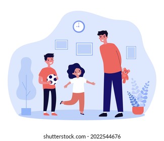 Young dad giving gifts to his children. Flat vector illustration. Happy boy holding soccer ball, man hiding teddy bear behind his back for girl. Family, childhood, gift, holiday, surprise concept