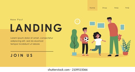 Young dad giving gifts to his children. Flat vector illustration. Happy boy holding soccer ball, man hiding teddy bear behind his back for girl. Family, childhood, gift, holiday, surprise concept
