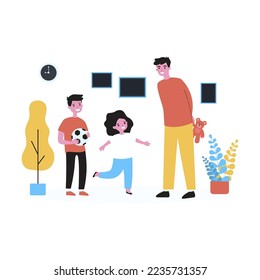 Young dad giving gifts to his children. Flat vector illustration. Happy boy holding soccer ball, man hiding teddy bear behind his back for girl. Family, childhood, gift concept