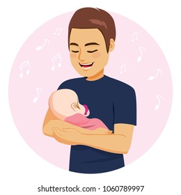 Young dad with happy face expression singing sweet baby girl embracing her on pink blanket