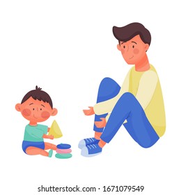 Young Dad and His Baby Playing with Toy Blocks Vector Illustration