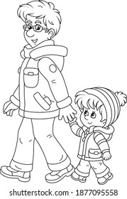 Young dad and his little son friendly talking and walking together hand in hand on a winter stroll, black and white outline vector cartoon illustration for a coloring book page