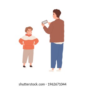 Young dad holding phone and taking mobile photo of his child. Little boy posing for father's photography. Happy smiling daddy and son. Colored flat vector illustration isolated on white background