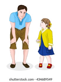 Young dad leaned over to the little daughter. Father's Day. Caring parents. Girl looking at the man. Vector.