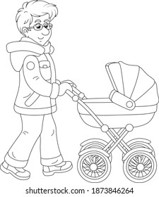 Young Dad Leisurely Walking With His Small Child Sleeping In A Baby Carriage On A Winter Day, Black And White Outline Vector Cartoon Illustration