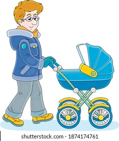 Young dad leisurely walking with his small child sleeping in a colorful baby carriage on a winter day, vector cartoon illustration isolated on a white background