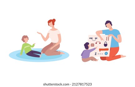 Young Dad and Mom with Kid Playing in Nursery Vector Set