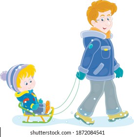Young dad sledding a happy little son on a snowy winter day, vector cartoon illustration isolated on a white background