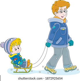 Young dad sledding a happy little son on a snowy winter day, vector cartoon illustration isolated on a white background