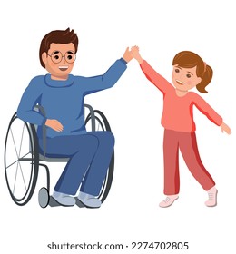 Young dad with special needs sits in a wheelchair and plays happily with his cute little daughter. Vector illustration of people on white background.