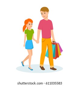 Young dad walking the daughter down the street holding hands, walking in good mood. Vector illustration isolated in cartoon style.