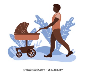 Young dad walking with his baby in stroller. Man babysitter with pram in the park. Flat vector illustration.