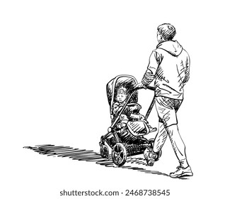 Young dad walking with his baby in a stroller, Hand drawn illustration, Vector sketch isolated