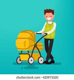 Young dad walking with a newborn that is in the stroller. Vector illustration of a flat design