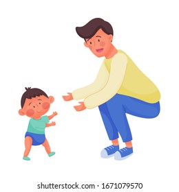 Young Dad Watching His Baby Steps Vector Illustration. Father Nursing His Kid