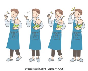 Young daddy smiling facial expression set holding baby