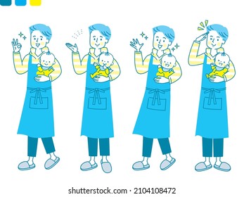 Young daddy smiling facial expression set holding baby