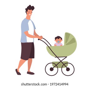 A young daddy walks with a baby in a stroller. A man with a newborn son on a walk in a baby carriage. Flat character design isolated on white background.