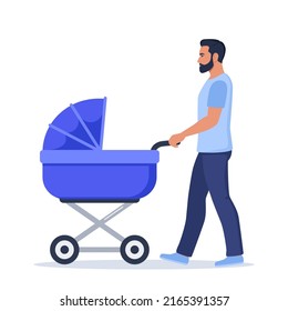 Young daddy walks with a baby in a stroller. Man with newborn son or daughter on walk in baby carriage. Vector illustration