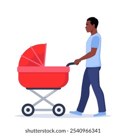 Young daddy walks with a baby in a stroller. Black Man with newborn son or daughter on walk in baby carriage. Vector illustration