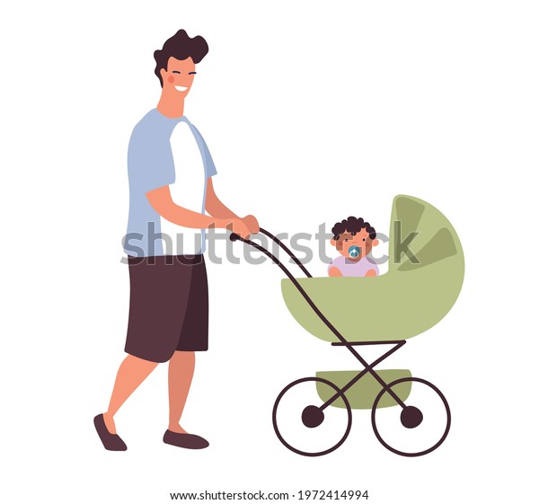 A young daddy walks with a baby in a
stroller. A man with a newborn son on a walk in a baby carriage.
Flat character design isolated on white
background.