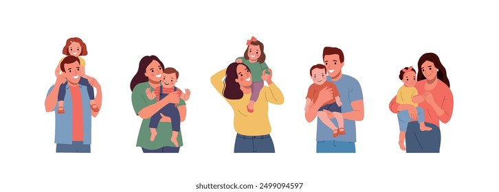 Young dads and moms with children. Vector cartoon flat style illustration