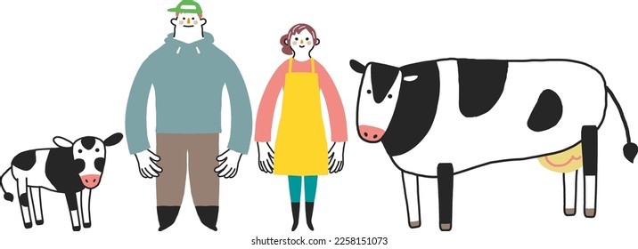 Young dairy farmer couple and dairy cow parent and child set illustration material	
