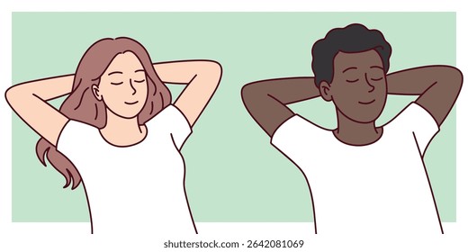 Young dakr skinned man and woman of different backgrounds lie side by side with eyes closed, hands behind head. Represents harmony, inclusivity, and peaceful emotional bond