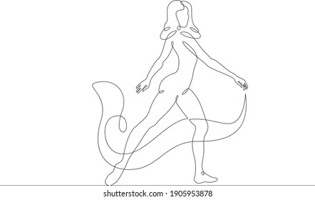 Young dancer ballerina in a costume, stands on pointe shoes. Chef cook in uniform.One continuous drawing line  logo single hand drawn art doodle isolated minimal illustration.