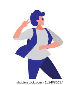 young dancer disco with sunglasses character vector illustration design
