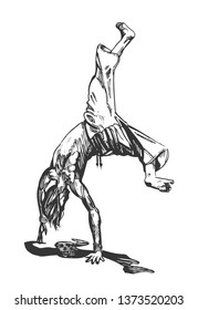 A young dancer guy is standing on his hands - a graphic sketch. Capoeira dance. Vector.