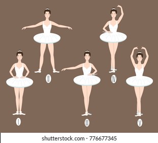 Young dancer shows how to perform the five basic ballet positions, demonstrating the correct placement of arms, legs and feet and wearing tutu ruffle skirt and points.