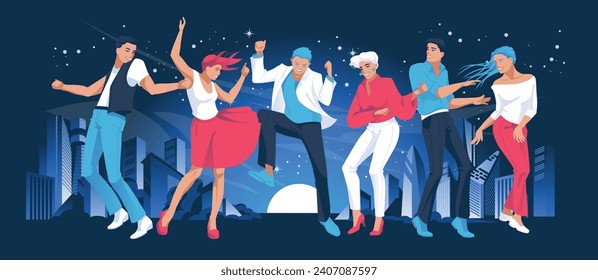 Young dancers against the background of night lights of the city. Club party or social event. Vector flat illustration.