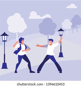young dancers couple dancing in the park vector illustration design