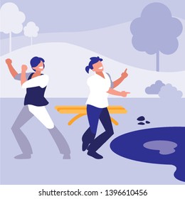 young dancers couple dancing in the park vector illustration design