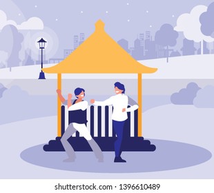 young dancers couple dancing in the park vector illustration design