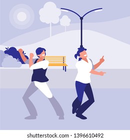 young dancers couple dancing in the park vector illustration design