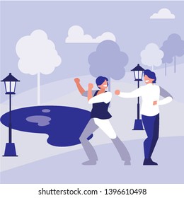 young dancers couple dancing in the park vector illustration design