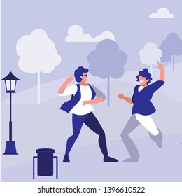 young dancers couple dancing in the park vector illustration design